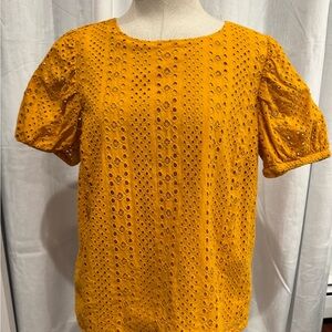 J. Crew Mustard Eyelet Blouse with Puff Sleeves